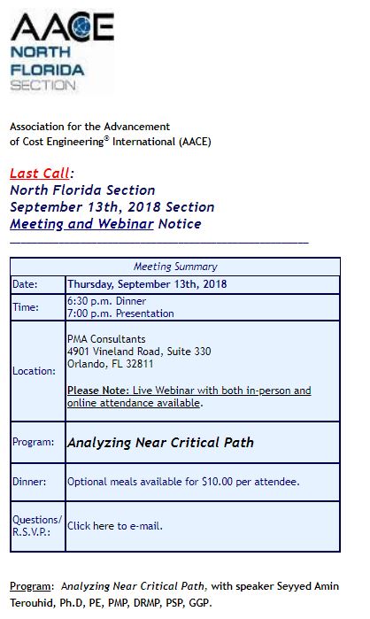 Adroit's Amin Terouhid, Ph.D., PE is the featured speaker at the AACE North Florida section meeting