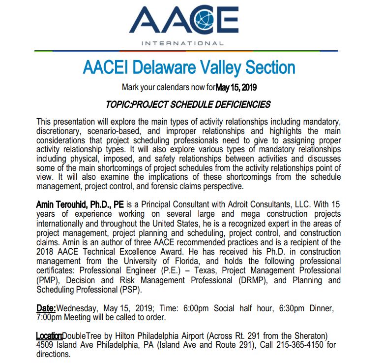 Adroit's Amin Terouhid, Ph.D., PE is the featured speaker at the AACE Delaware section meeting